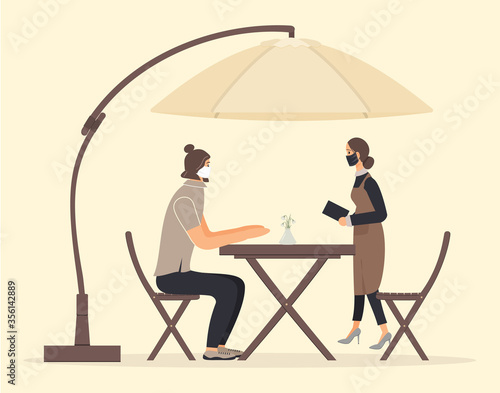 Young hipster guy sitting at table in cafe. Sportsman talking with waitress at coffee shop. Waitress holding notepad for recording сustomer order. Wooden furniture under umbrella from the sun. Vector