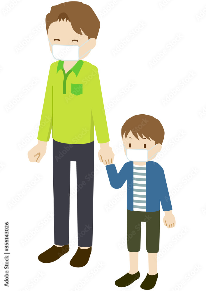 Illustration of a father and son wearing masks and holding hands Illustration of a father and son wearing masks and holding hands