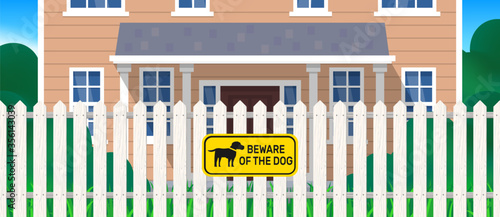 beware of the dog yellow sign on white picket fence vector illustration