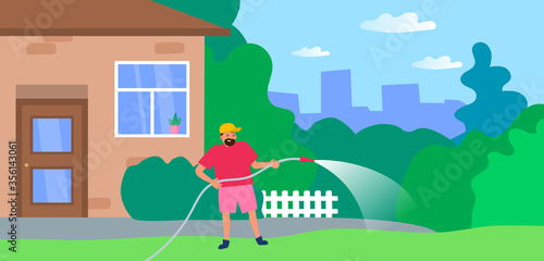 man watering lawn green grass near inside of his house using hose vector illustration