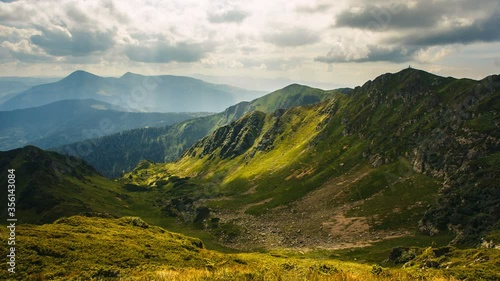 Mountain rocks, ravine and shadows from clouds moving on the rocks. TimeLapse of Carpathians mountains, Ukraine.