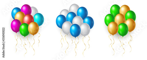 Set of flight up rainbow color helium balloons on white background. Realistic colorful design elements in red, white, golden, green, blue, pink. Vector Illustration.