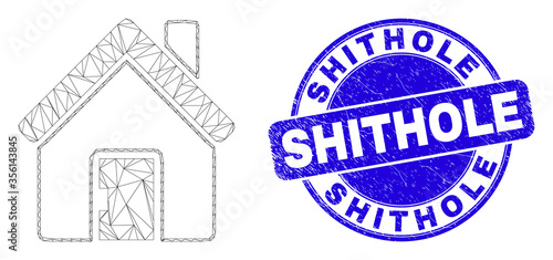 Web mesh home icon and Shithole stamp. Blue vector rounded scratched seal stamp with Shithole title. Abstract frame mesh polygonal model created from home pictogram.