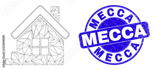 Web mesh home icon and Mecca seal stamp. Blue vector round distress seal with Mecca text. Abstract frame mesh polygonal model created from home pictogram. Linear frame flat mesh in vector format.