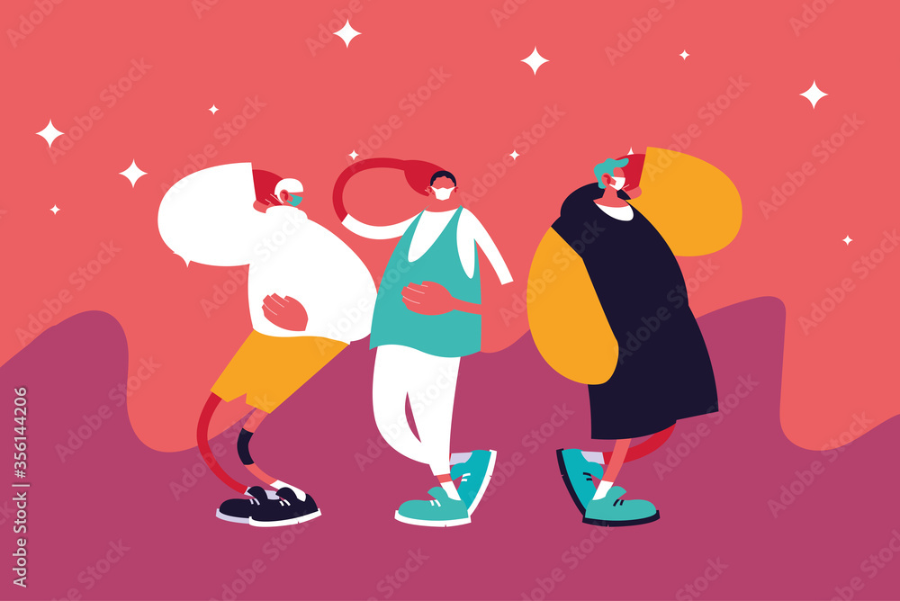 Urban men cartoons with masks casual cloth and stars vector design