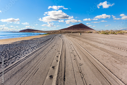 El Medano Beach with Montana Roja mountain  Tenerife  Canary Islands  Spain