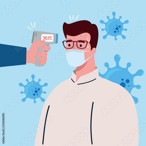 covid 19 coronavirus, hand holding infrared thermometer to measure body temperature, man with high temperature fever concept vector illustration design