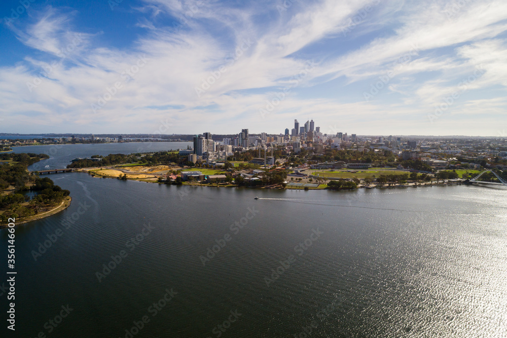 Aerial view Swan River, Heirisson Island, East Perth and Perth CBD. Perth, Western Australia