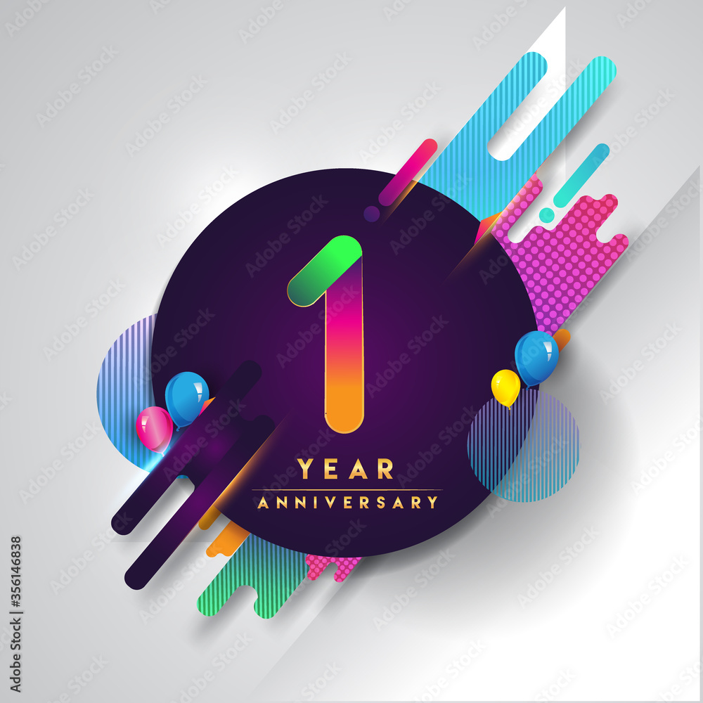 Naklejka 1st years Anniversary logo with colorful abstract background, vector design template elements for invitation card and poster your birthday celebration.