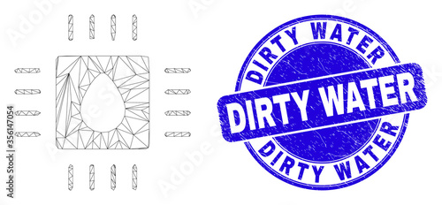 Web carcass liquid processor pictogram and Dirty Water stamp. Blue vector round textured stamp with Dirty Water title. Abstract carcass mesh polygonal model created from liquid processor icon.