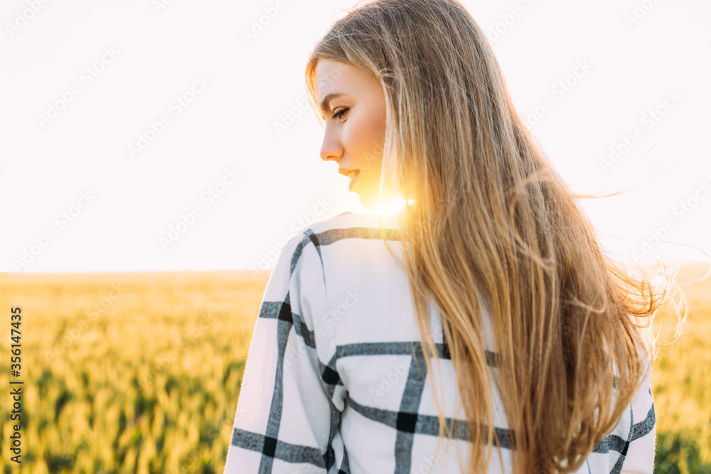 Back view, happy woman in a checked shirt strolling through a wheat field during a Sunny sunset