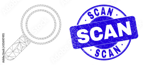 Web mesh magnifier tool icon and Scan seal. Blue vector round scratched seal stamp with Scan phrase. Abstract carcass mesh polygonal model created from magnifier tool icon.