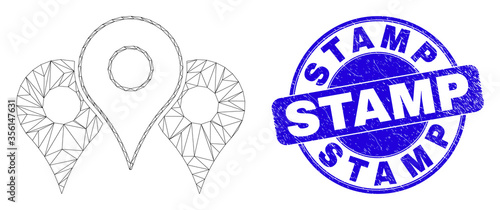 Web mesh map markers pictogram and Stamp seal. Blue vector round textured seal stamp with Stamp phrase. Abstract carcass mesh polygonal model created from map markers pictogram.