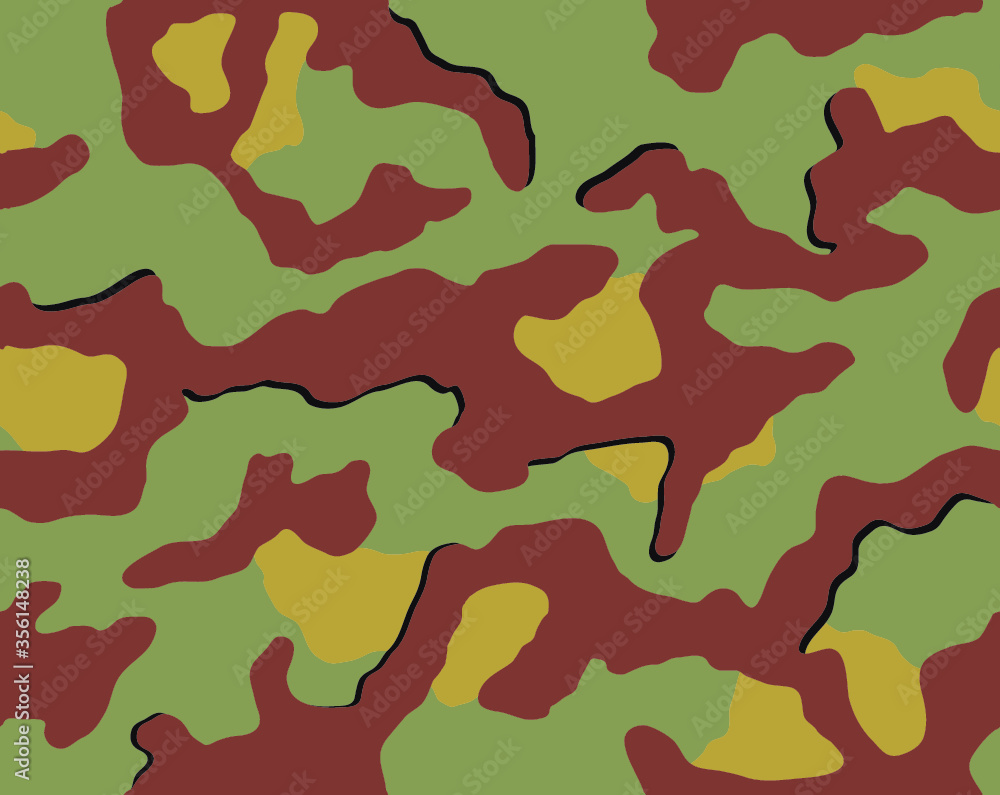 Old italian camouflage seamless pattern. Summer woodland color scheme (olive green, ochre, brown and black).
