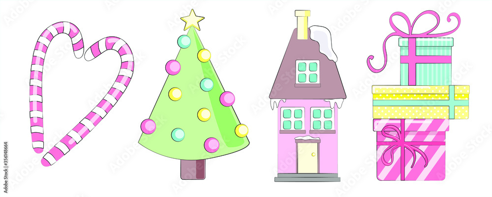 Happy New Year vector set with a Christmas tree, sweets, gingerbread house, gifts.