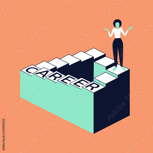 Woman worries and confused about the inability to climb the Career ladder, gender gap, unrealizable achievements, women inequality concept, racism, prejudice. Penrose Illusion. Vector illustration.