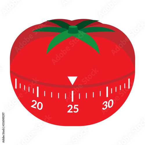 Kitchen Timer in the form of a red tomato. Mechanical device, Time Interval. Appliance for pomodoro technique for time management, work in parts. Vector Isolated Illustration on white background
