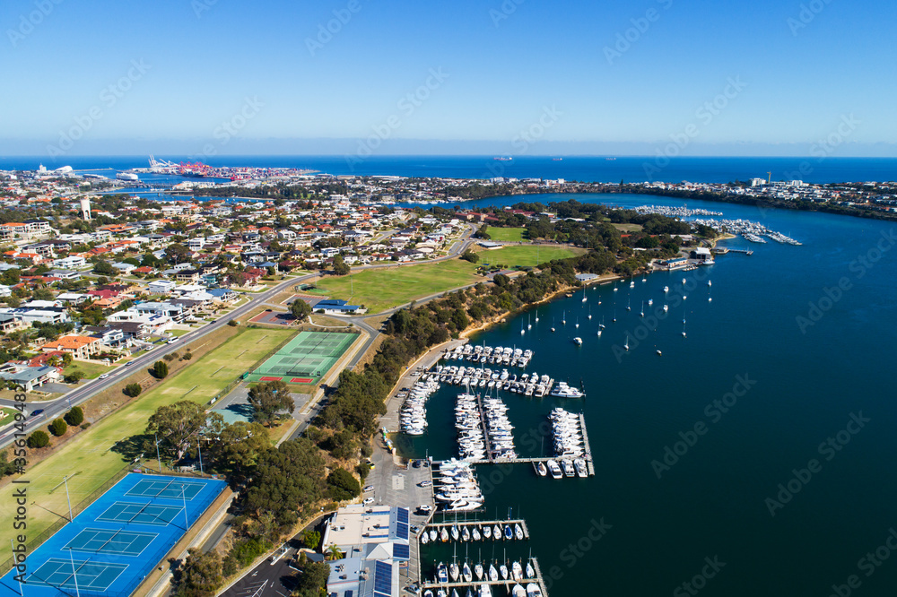 Aerial view of East Fremantle Town, Fremantle, Fremantle Harbour, East Fremantle and Mosman Park Town. Perth, WA, Australia