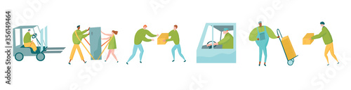 Delivery service characters set with messengers, postman with push cart and couple using shoulder straps.