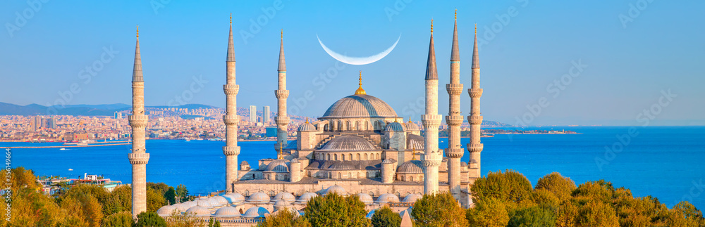 Naklejka premium Błękitny Meczet z półksiężycem (księżyc w nowiu) - Sultanahmet, Stambuł, Turcja.