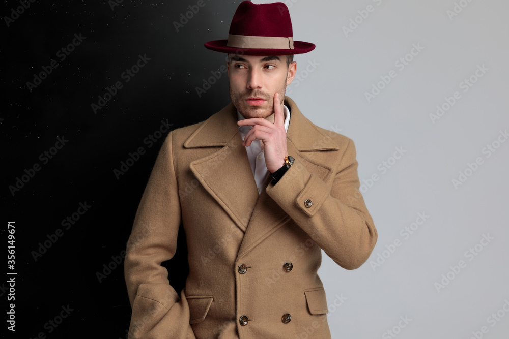 mysterious young model touching cheek and looking to side mysterious young model touching cheek and looking to side