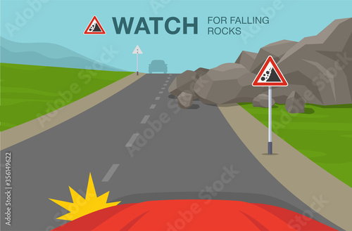 Driving a car. Watch for falling rock road sign. Car is about to go round the rocks on the highway. Flat vector illustration.