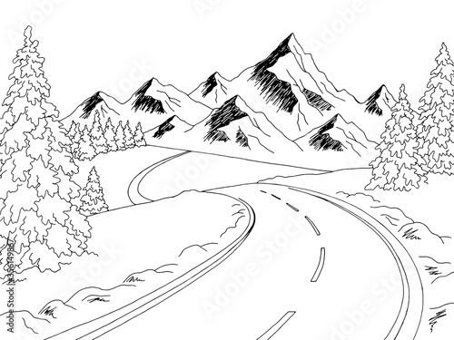 Mountain road graphic black white winter landscape sketch illustration vector