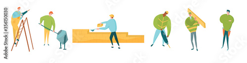 Construction workers characters set. Carpenter with timber, handyman in tools belt, diy man with drill.