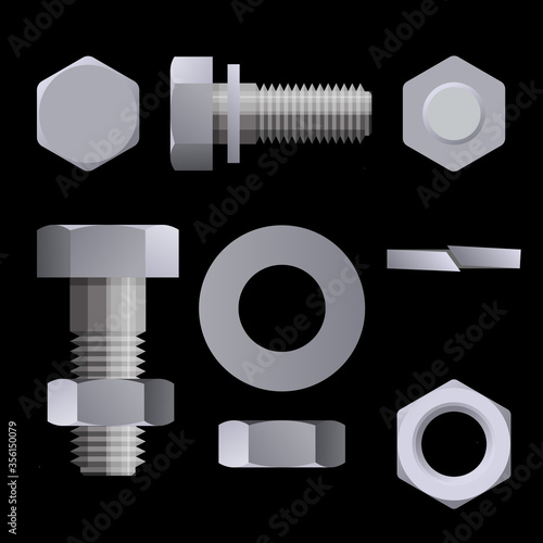 Set of metal fasteners. Bolts, nuts, washers