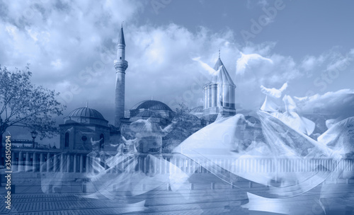 Schilderij op canvas Mausoleum of Mevlana - Whirling Dervish sufi religious dance / Konya, Turkey