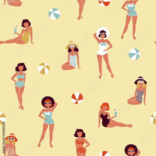 Beautiful girls on beach. Retro seamless pattern.