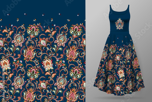 Seamless vertical fantasy flowers border pattern. Hand draw floral background on dress mockup. Vector. Traditional eastern pattern for textiles, wallpapers, decor. Bright colors on whte.