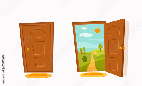 Open door cartoon colorful vector illustration. House apartment entrance