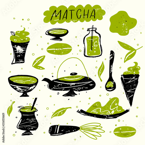 Matcha. Vector doodle illustration of matcha tea products. Japanese tea ceremony.