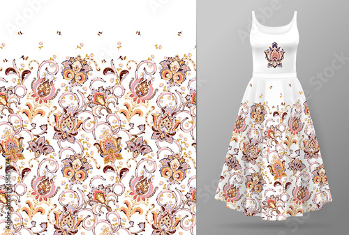 Seamless vertical fantasy flowers border pattern. Hand draw floral background on dress mockup. Vector. Traditional eastern pattern for textiles, wallpapers, decor. Bright colors on whte.