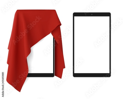 Red fabric covering a blank tablet pad gadget, vector illustration