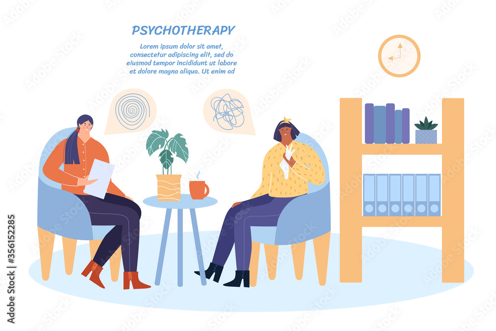 Woman with depression at a reception at the psychologist. The concept of psychotherapy. Vector illustration with place for your text.