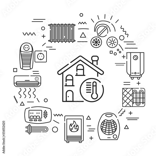 Heating devices web banner. Infographics with linear icons on white background. Creative idea concept. Isolated outline black illustration