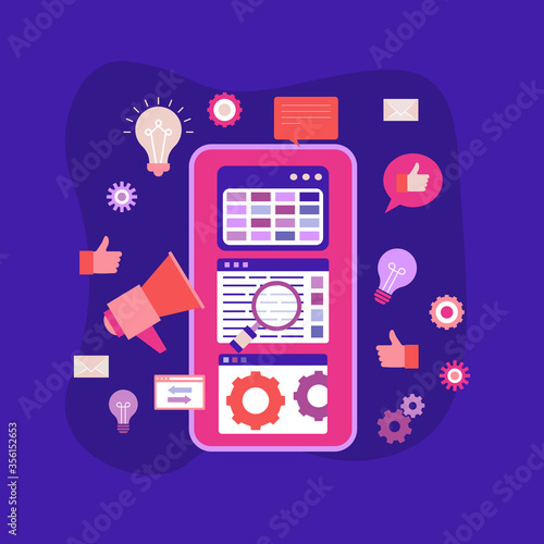 Flat vector illustration of a mobile device with multiple open applications. Concept for digital marketing Agency, business, digital media company