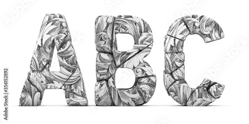 Cracked letters A B C. Letters isolated on white background. English alphabet 3D rendering. Flower ornament texture. Letter A  Letter B  Letter C.  