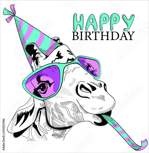 Funny giraffe party with glasses and a cap, animal making a silly face and blowing a noisemaker. Happy birthday lettering quote. Card, t-shirt composition, hand drawn style print. Vector illustration.