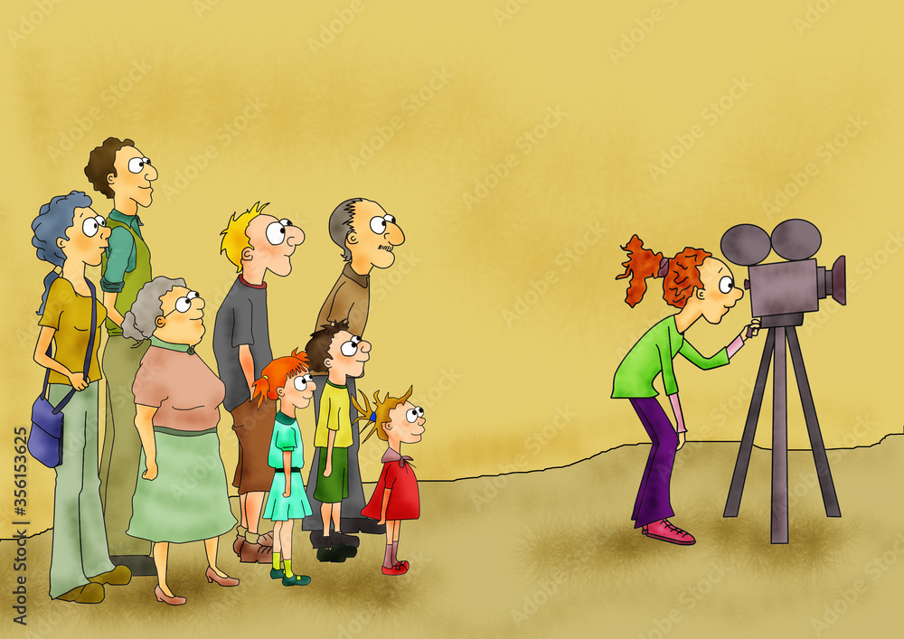 A cartoon illustration of young film maker girl shooting a scene with