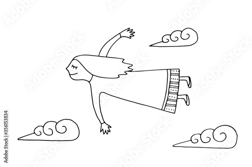 A dreamy girl flies in the sky above the clouds. Vector doodle illustration. Freehand drawing.