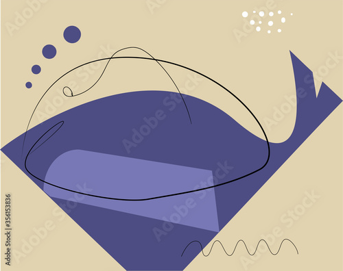 Abstract surreal illustration with whale in sea. Vector art.