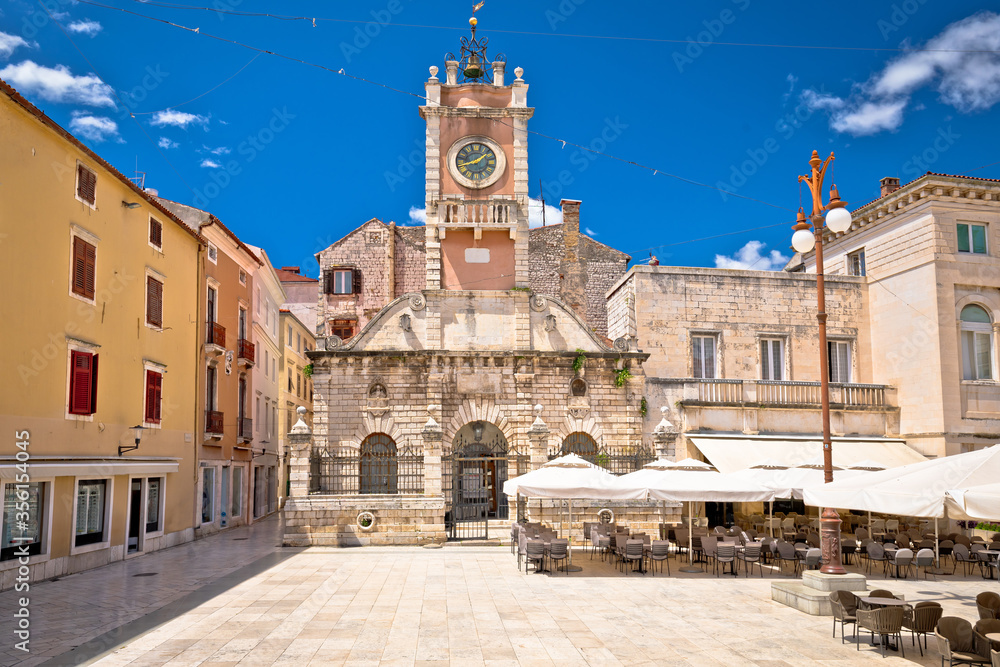 Zadar. People's square in Zadar architecture and cafes view,