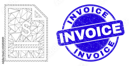 Web carcass price page icon and Invoice seal stamp. Blue vector round scratched seal stamp with Invoice text. Abstract carcass mesh polygonal model created from price page icon.