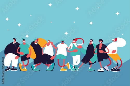Urban men cartoons with masks casual cloth and stars vector design