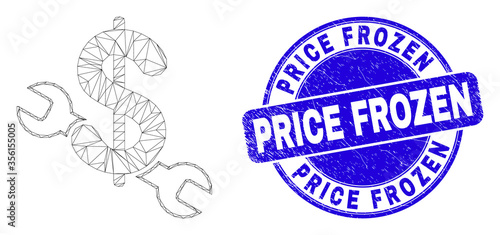 Web carcass repair price icon and Price Frozen stamp. Blue vector round grunge seal stamp with Price Frozen text. Abstract frame mesh polygonal model created from repair price icon.
