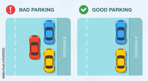 Good and bad parallel parking job. Top view template. Flat vector illustration. 