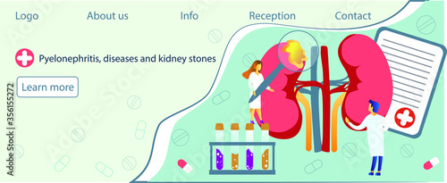Concept of pyelonephritis, diseases and kidney stones, cystitis, urolithiasis, nephroptosis, renal failure, hydronephrosis. Tiny doctors treat kidneys. Blue background illustration for website, apps.